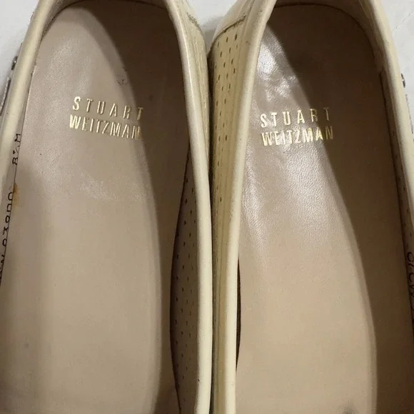 Stuart Weitzman Cream Leather Perforated Loafers Buckle Detail Slip On Size 8.5 - Picture 5 of 7